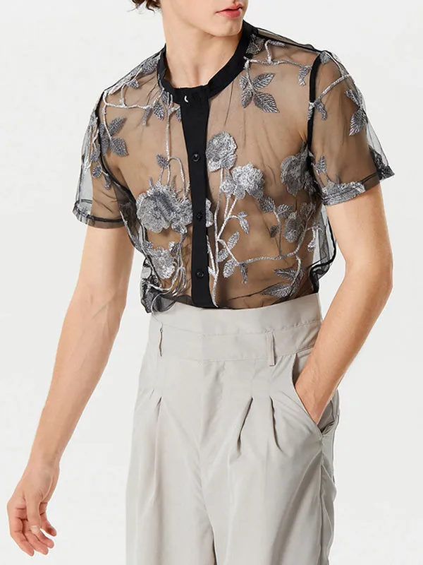 Mens Floral Embroidered See Through Shirt  SKUK50868