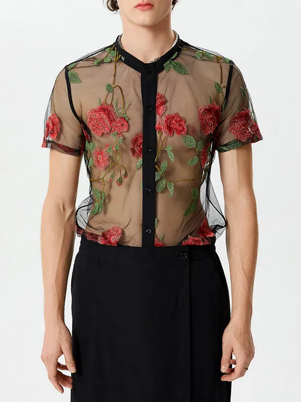 Mens Floral Embroidered See Through Shirt  SKUK50868