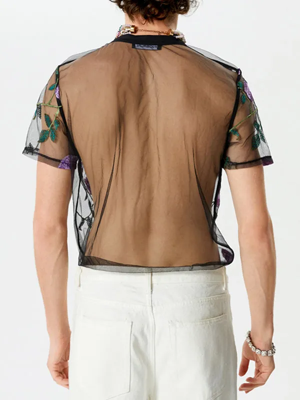 Mens Floral Embroidered See Through Shirt  SKUK50868