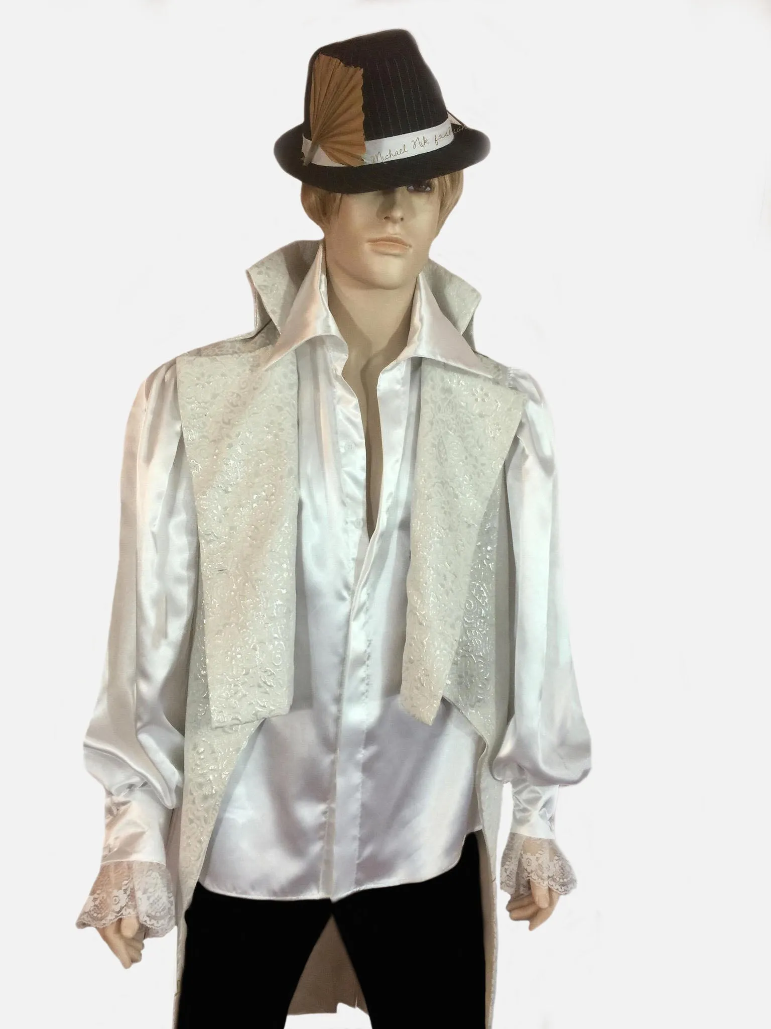 Men's White Satin& Lace Detachable Jabot Shirt