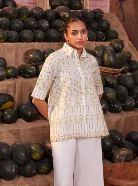 Mulmul Cotton Erica White Green Shirt