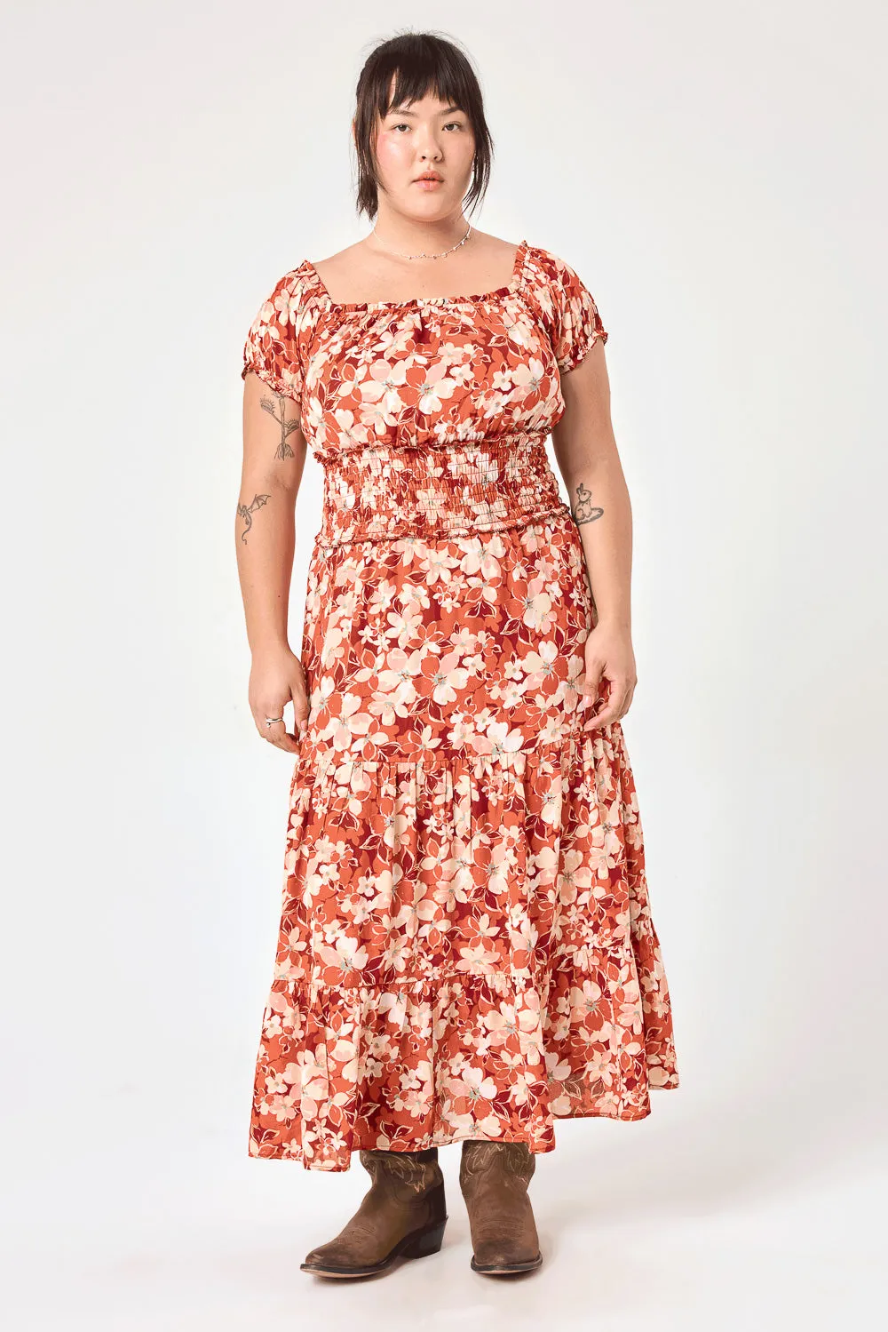 Orange Rust Floral Off Shoulder Midi Dress