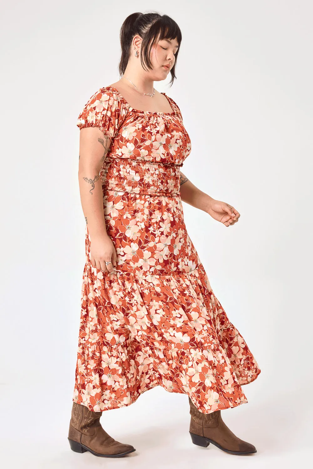 Orange Rust Floral Off Shoulder Midi Dress