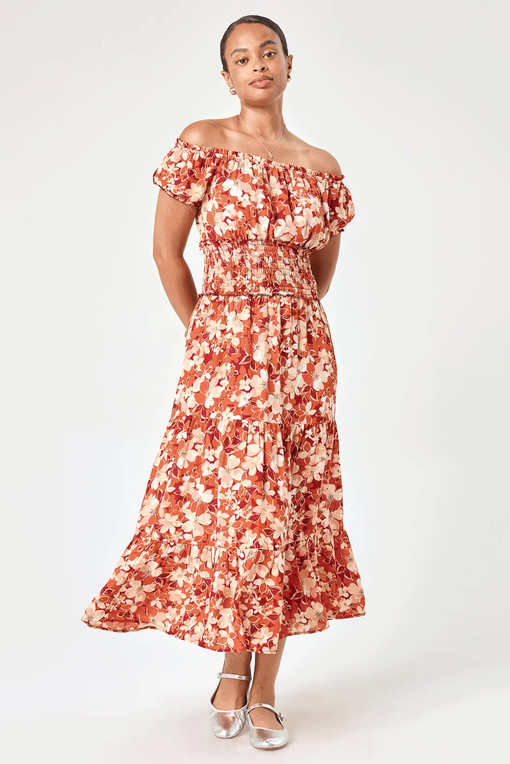 Orange Rust Floral Off Shoulder Midi Dress