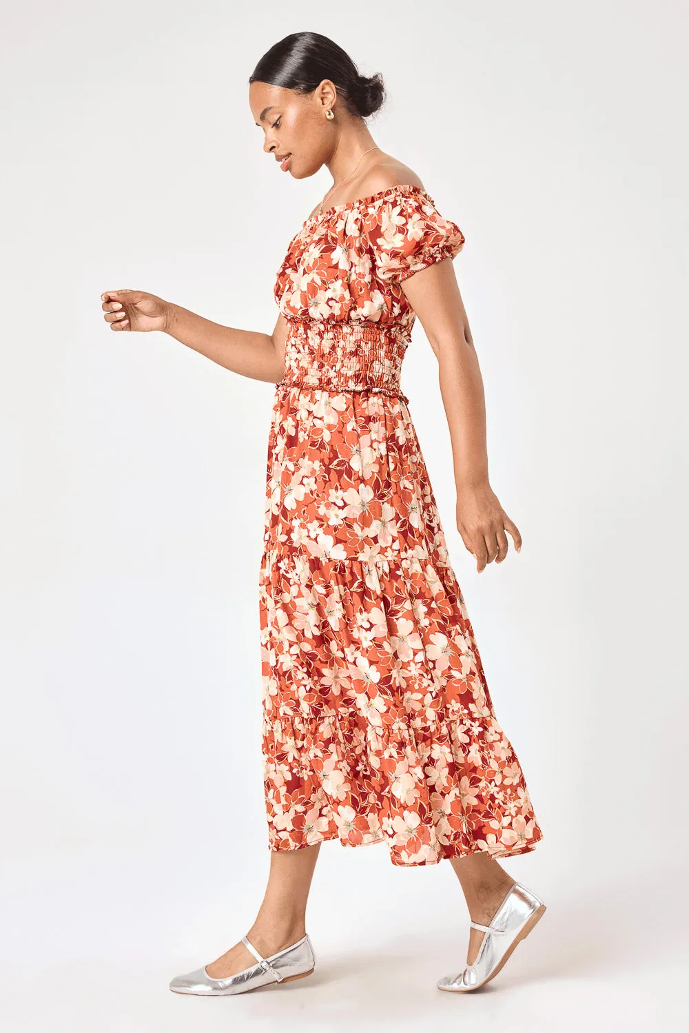 Orange Rust Floral Off Shoulder Midi Dress