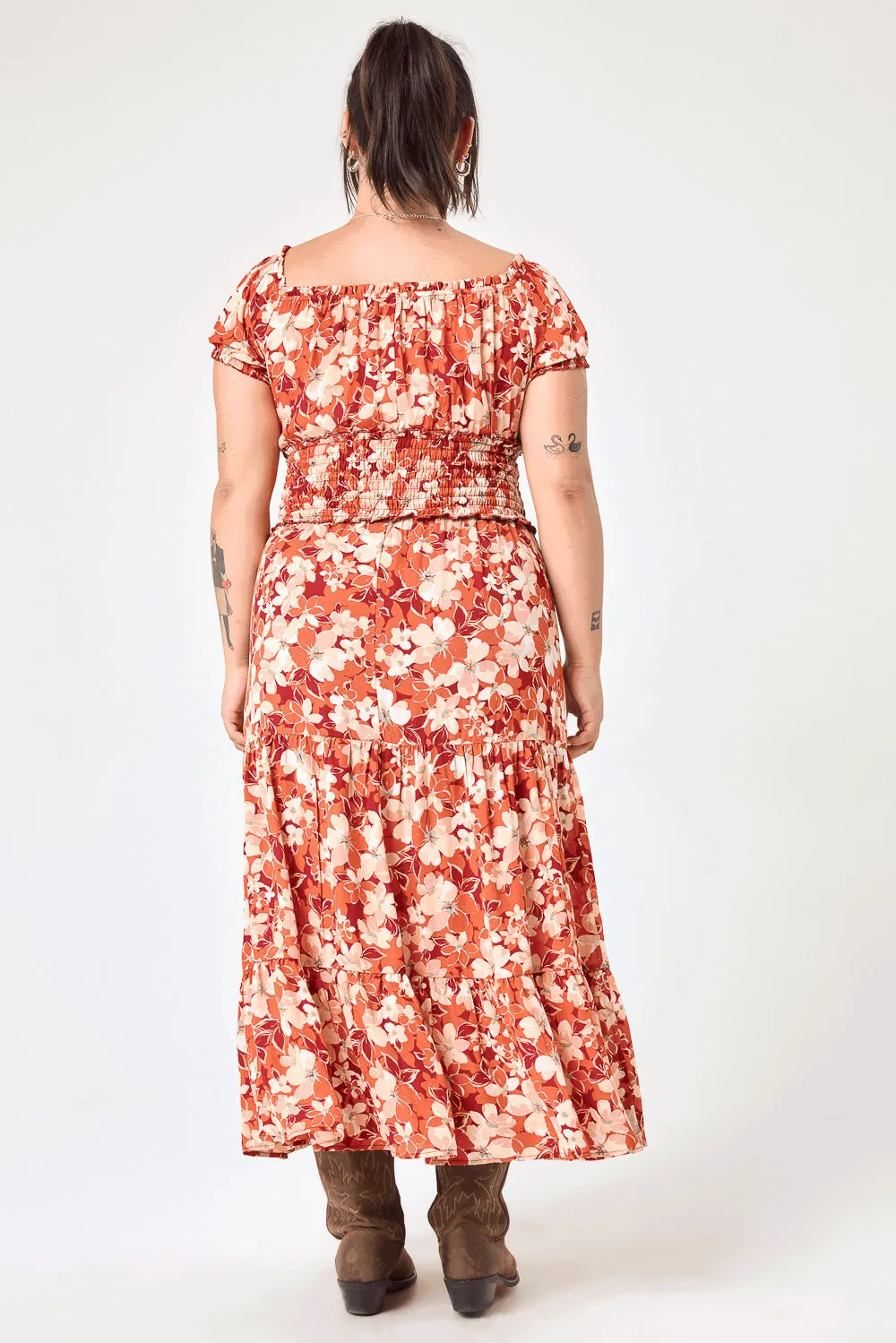 Orange Rust Floral Off Shoulder Midi Dress