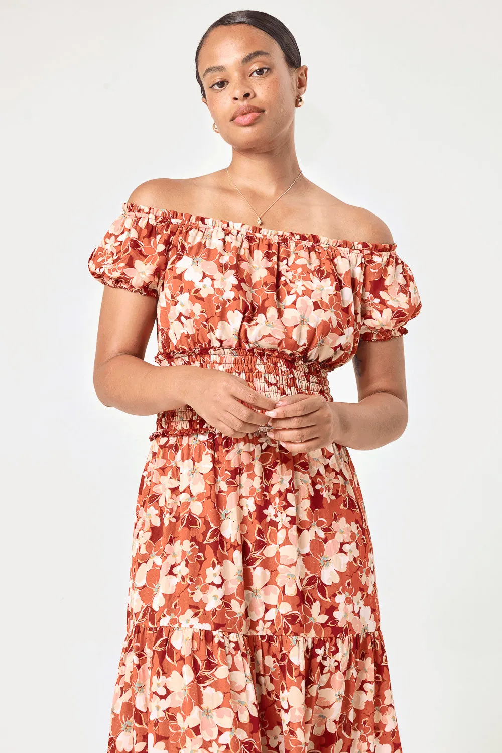 Orange Rust Floral Off Shoulder Midi Dress