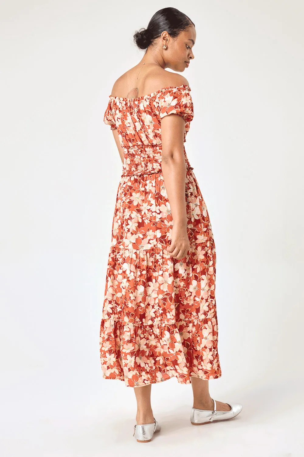 Orange Rust Floral Off Shoulder Midi Dress