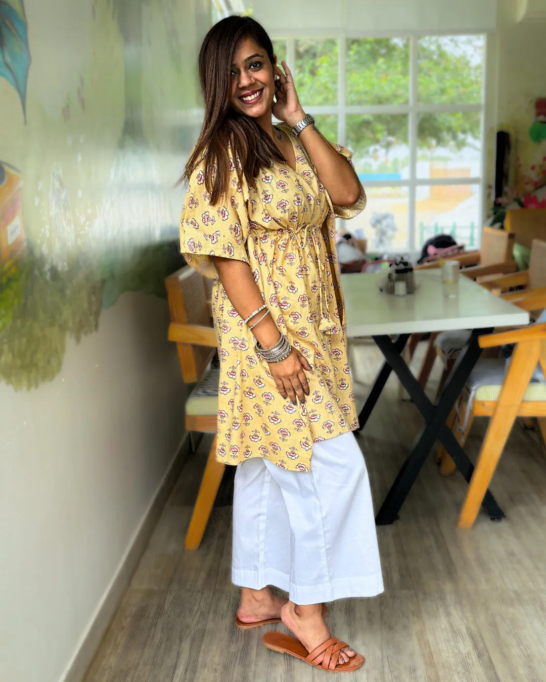 Pastel Yellow Dabu Print Kaftan