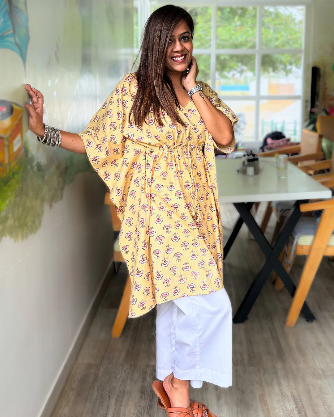 Pastel Yellow Dabu Print Kaftan