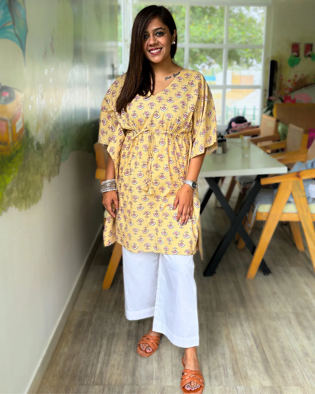 Pastel Yellow Dabu Print Kaftan