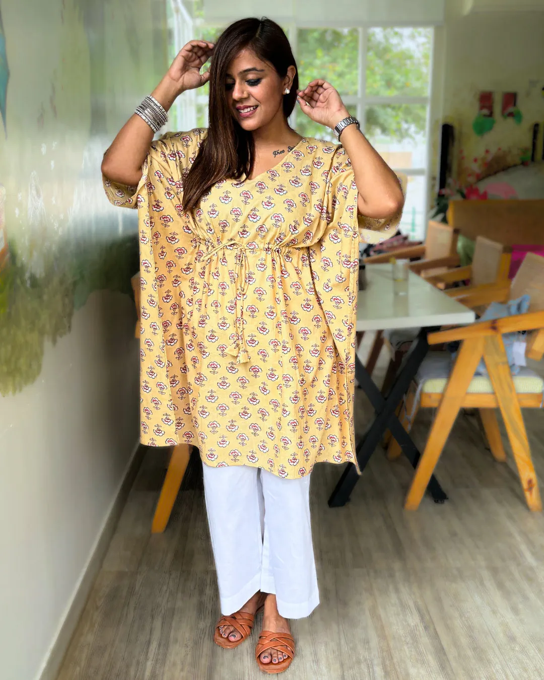 Pastel Yellow Dabu Print Kaftan