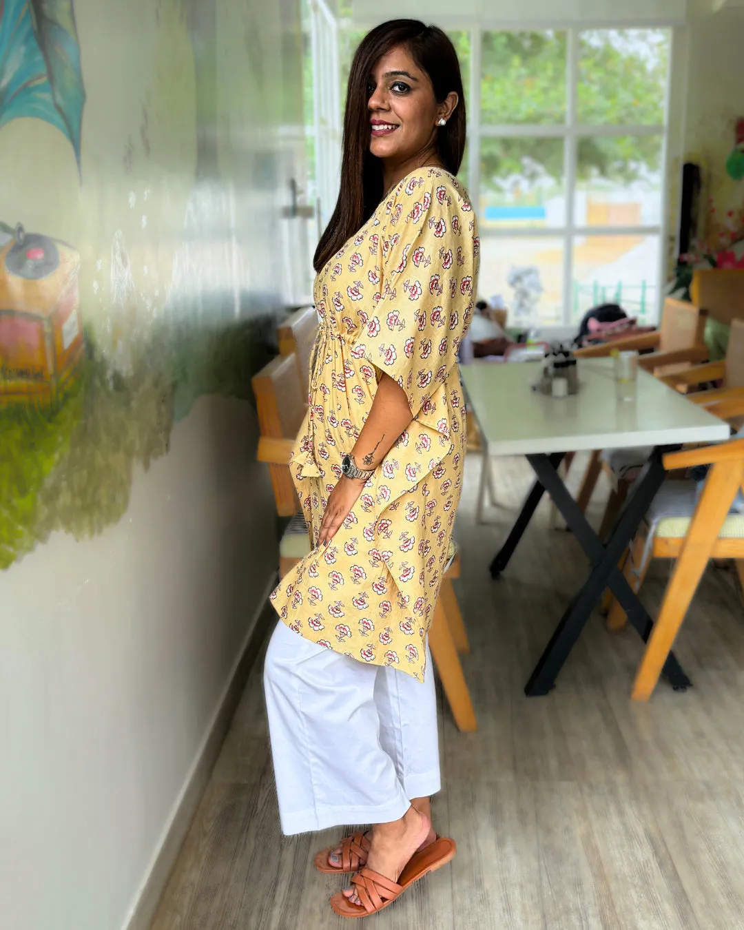 Pastel Yellow Dabu Print Kaftan