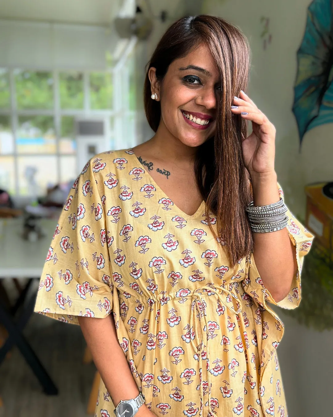 Pastel Yellow Dabu Print Kaftan