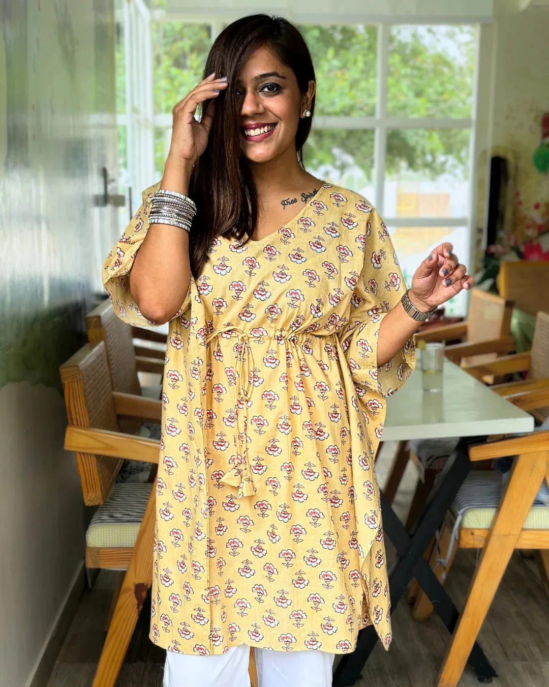 Pastel Yellow Dabu Print Kaftan