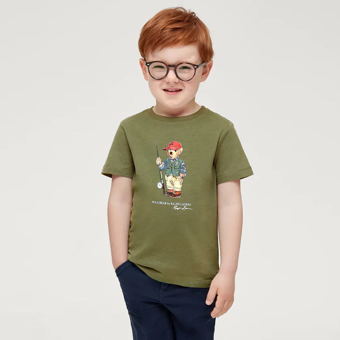 PL - Kids 'Olive Green' Polo Bear Printed T-Shirt PL785