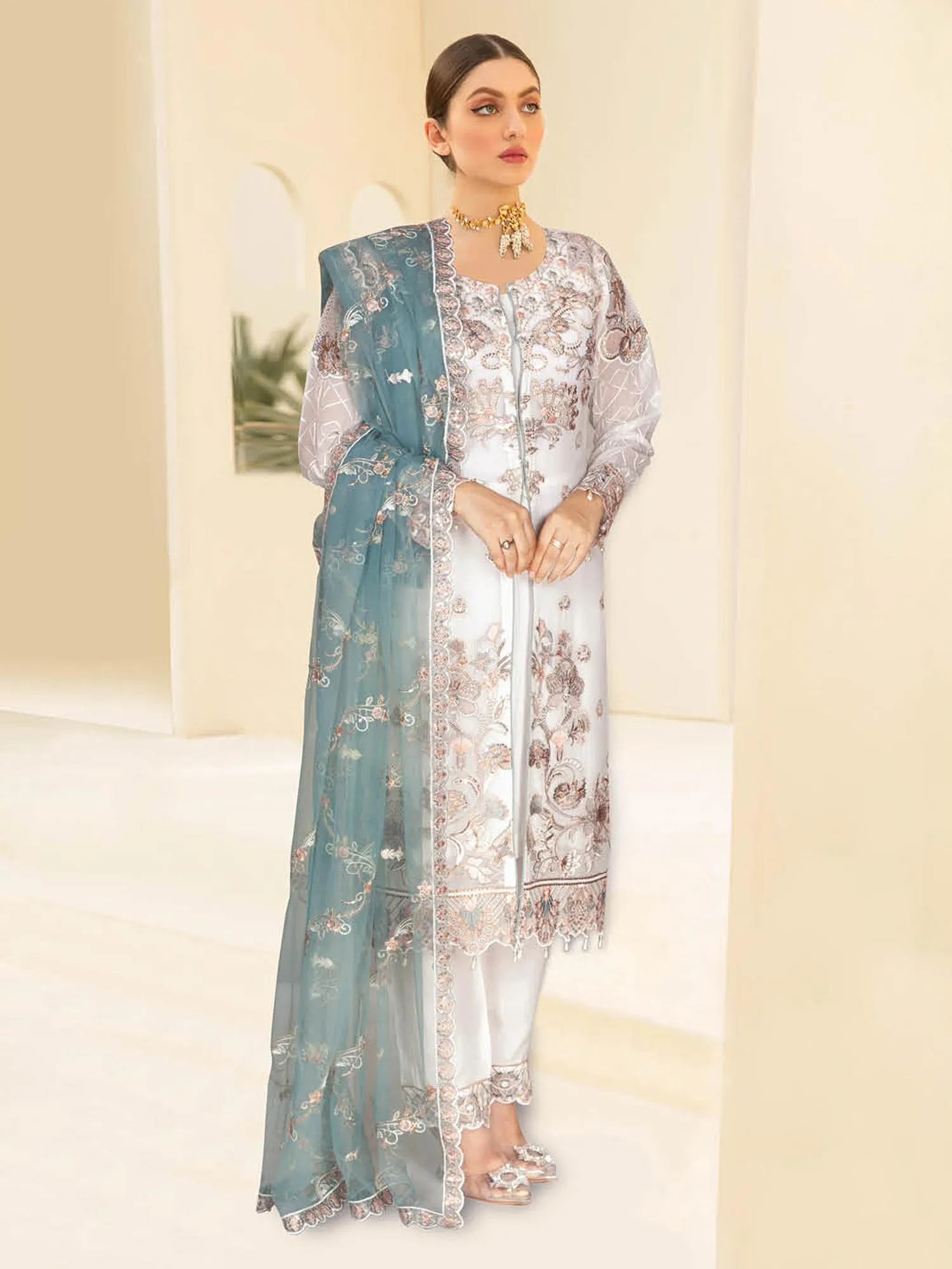 Ramsha "Kashish" Luxury Embroidered Chiffon Suit - White