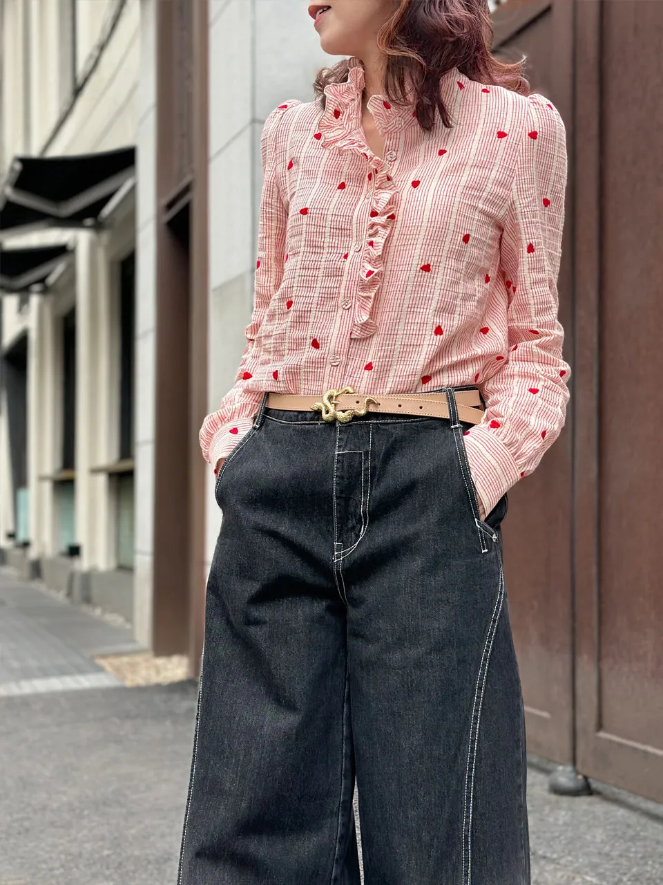 Red Valentine Ruffled Placket Stand Collar Shirt