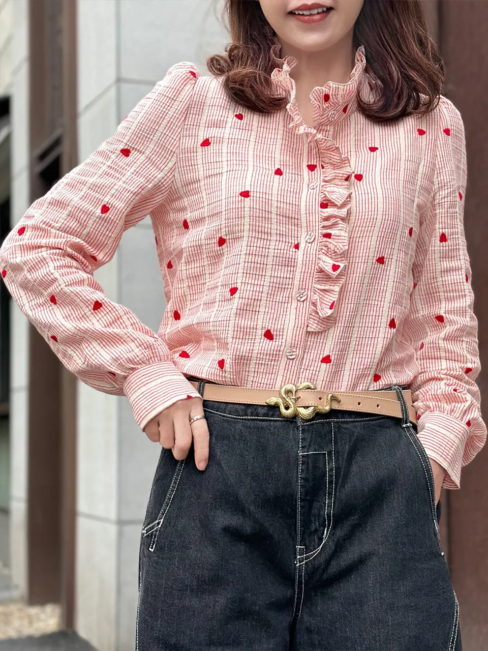 Red Valentine Ruffled Placket Stand Collar Shirt