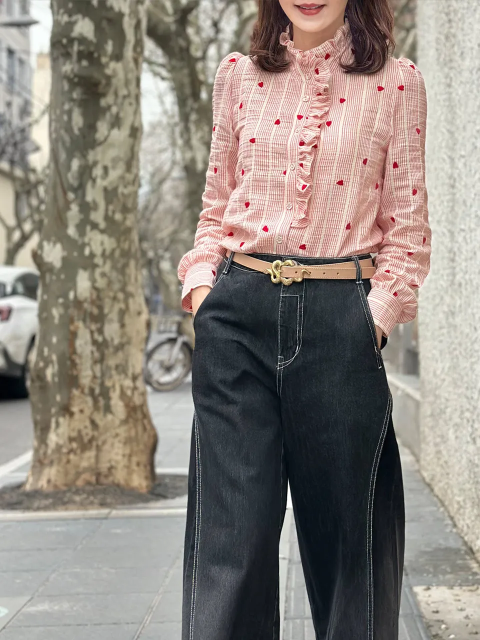 Red Valentine Ruffled Placket Stand Collar Shirt