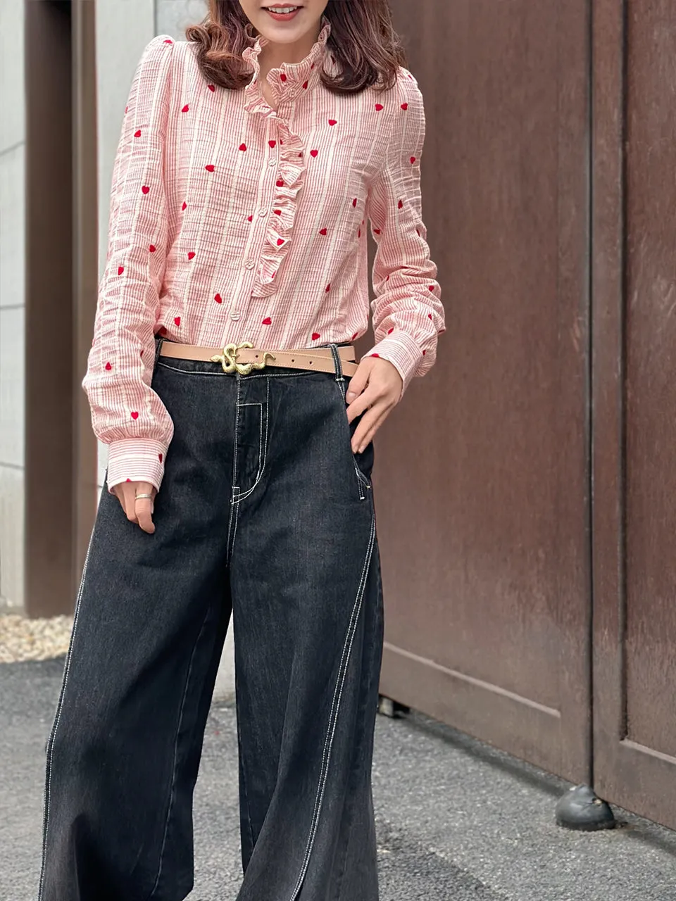 Red Valentine Ruffled Placket Stand Collar Shirt