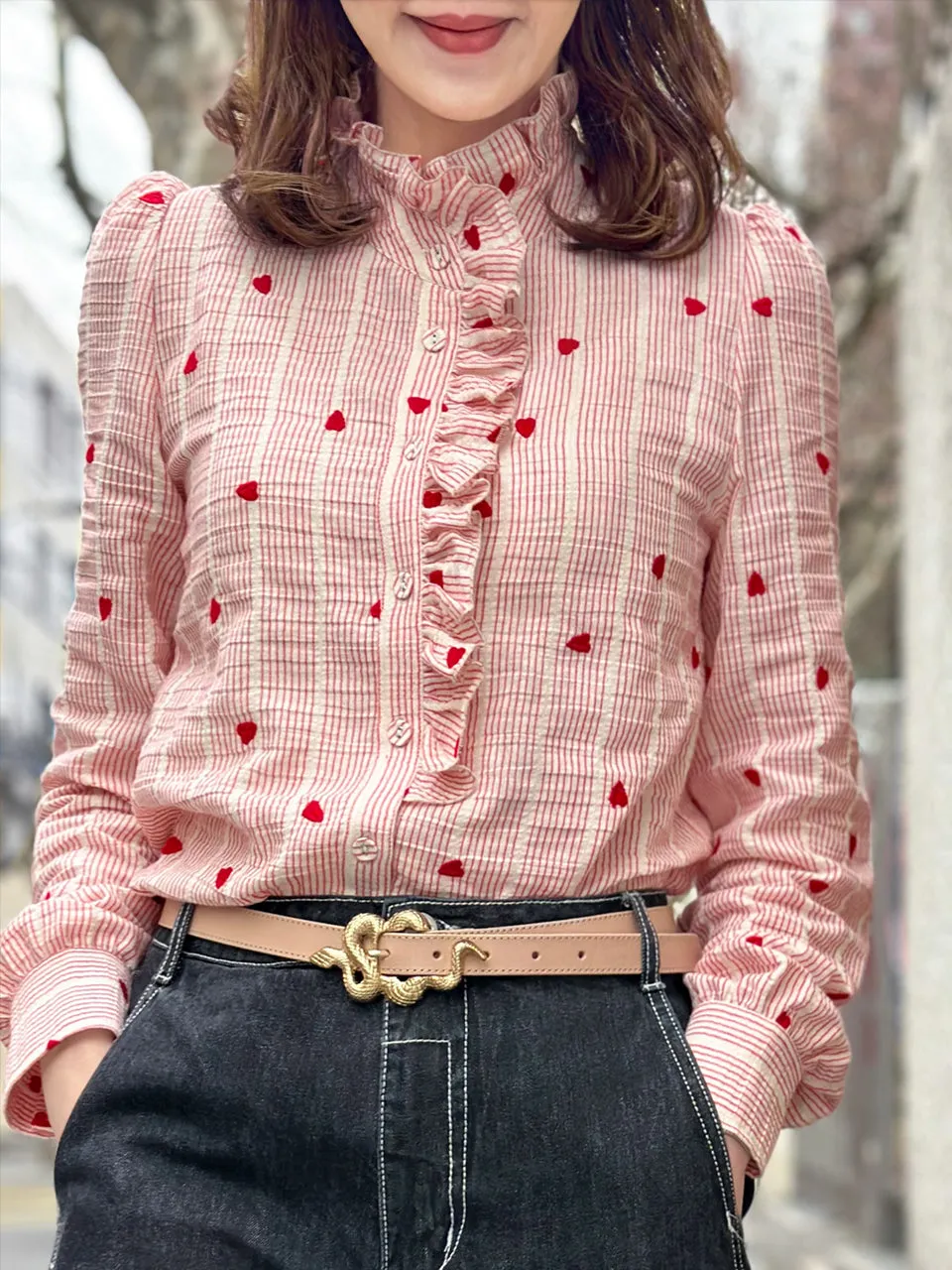 Red Valentine Ruffled Placket Stand Collar Shirt