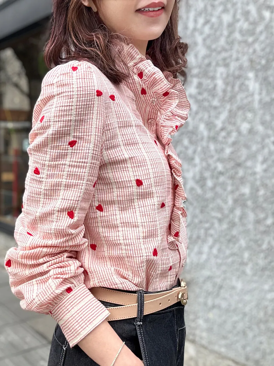 Red Valentine Ruffled Placket Stand Collar Shirt