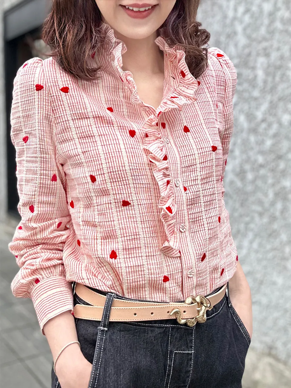 Red Valentine Ruffled Placket Stand Collar Shirt