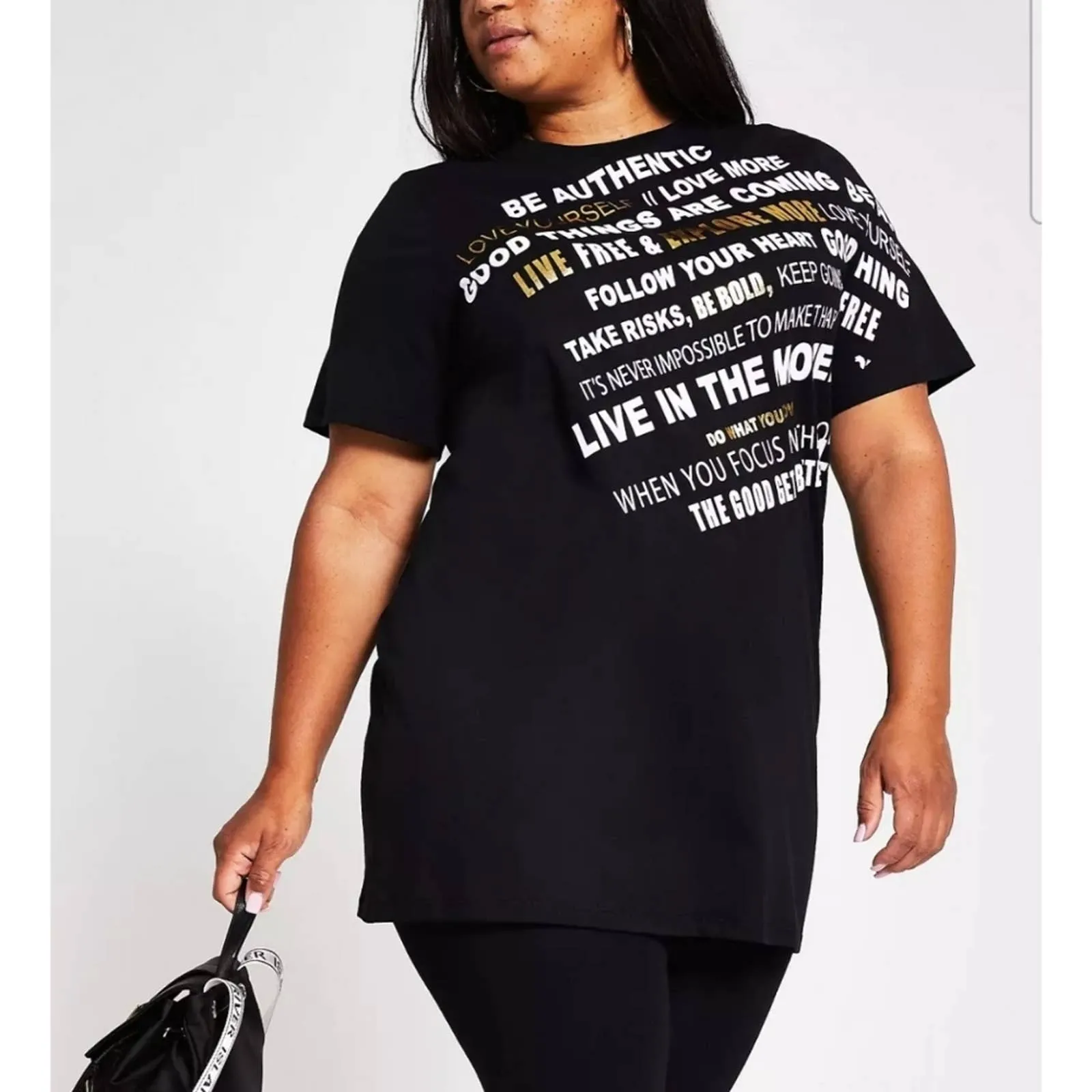 River Island Plus Cotton Good Things Slogan Mini T-shirt dress in black