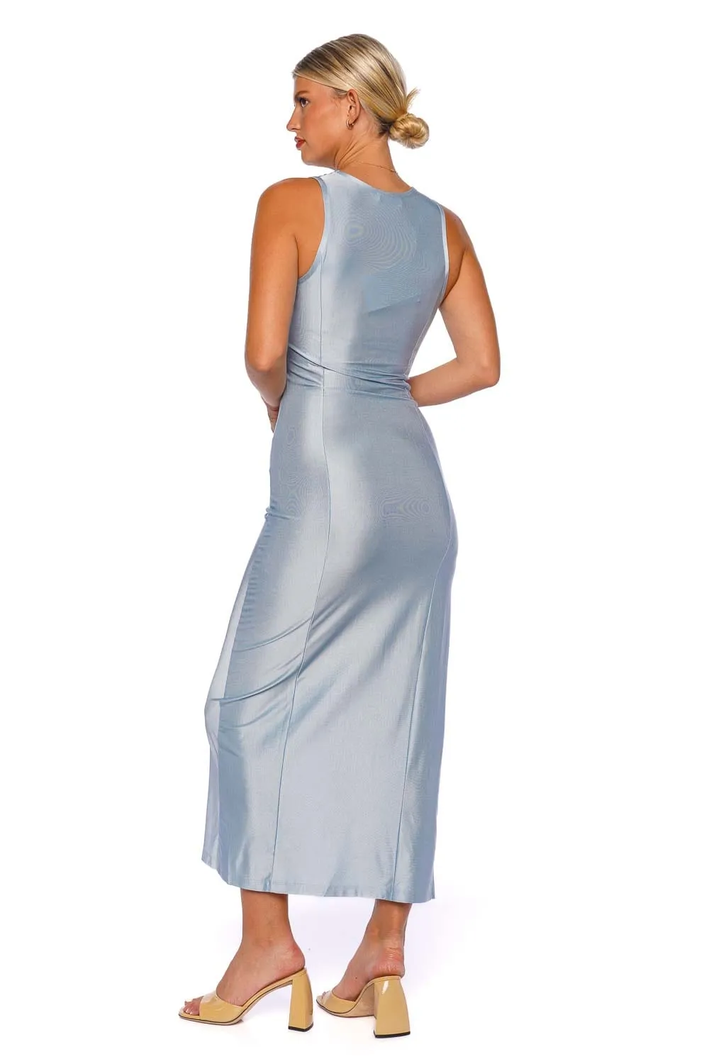 Ruched Button Sleeveless Midi Dress