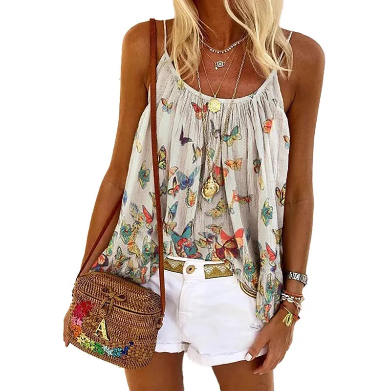 Summer Women's Butterfly Print Round Neck Sleeveless Camisole