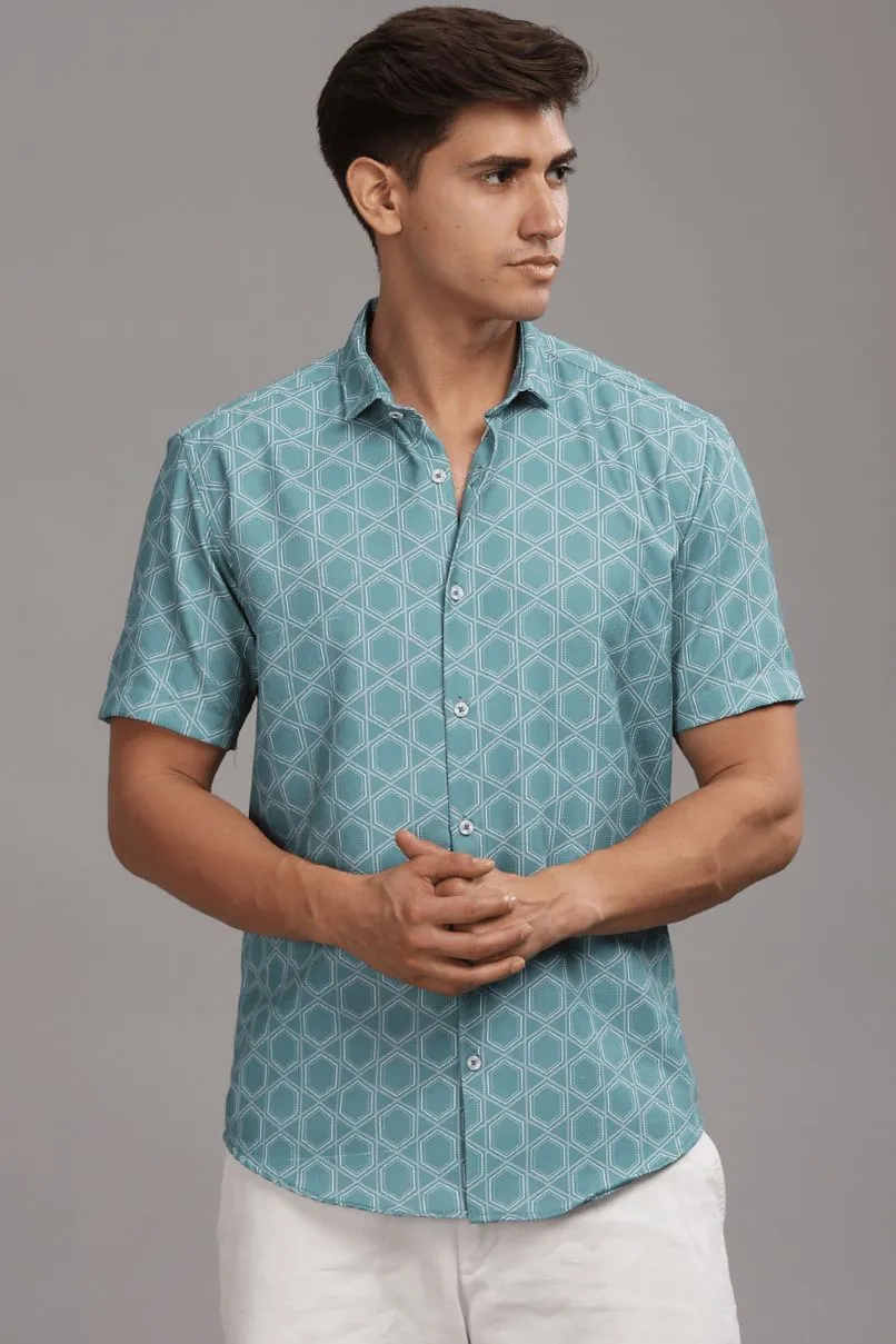 Turquoise Green Hexagonal Printed shirt - Half - Wrinkle Free