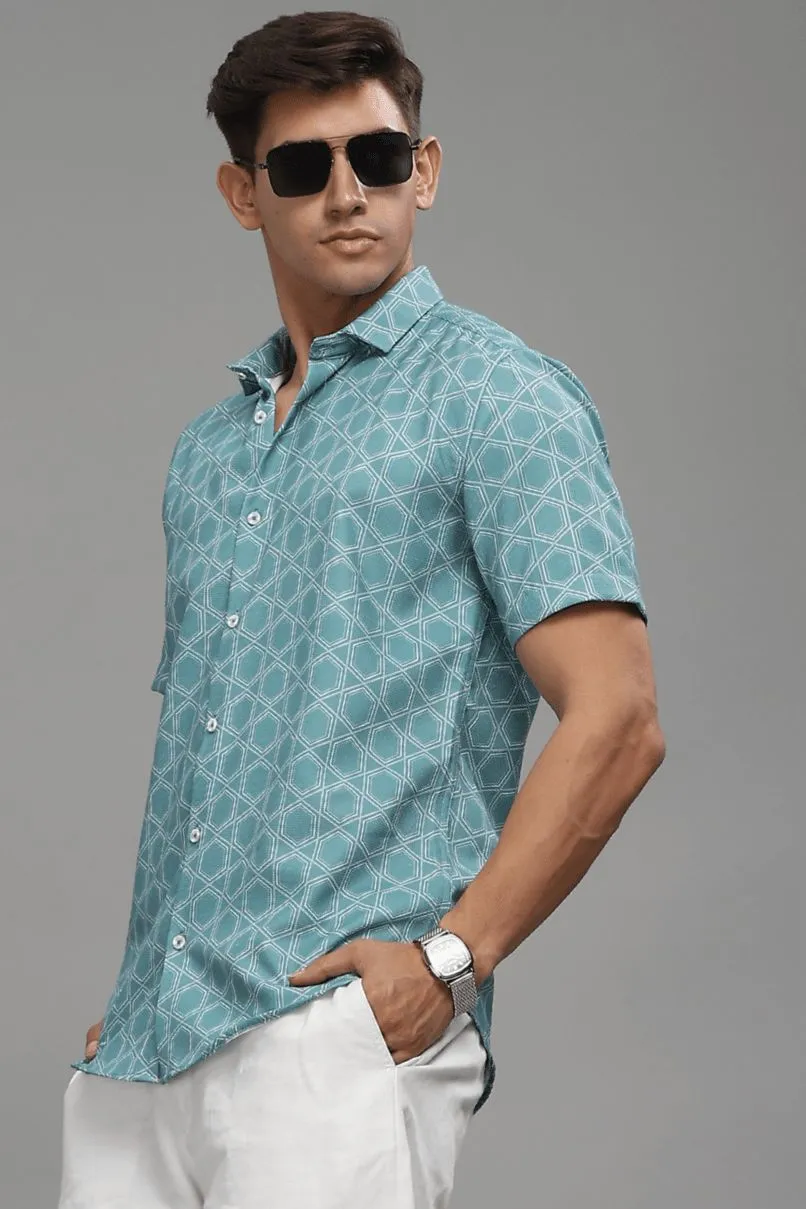 Turquoise Green Hexagonal Printed shirt - Half - Wrinkle Free