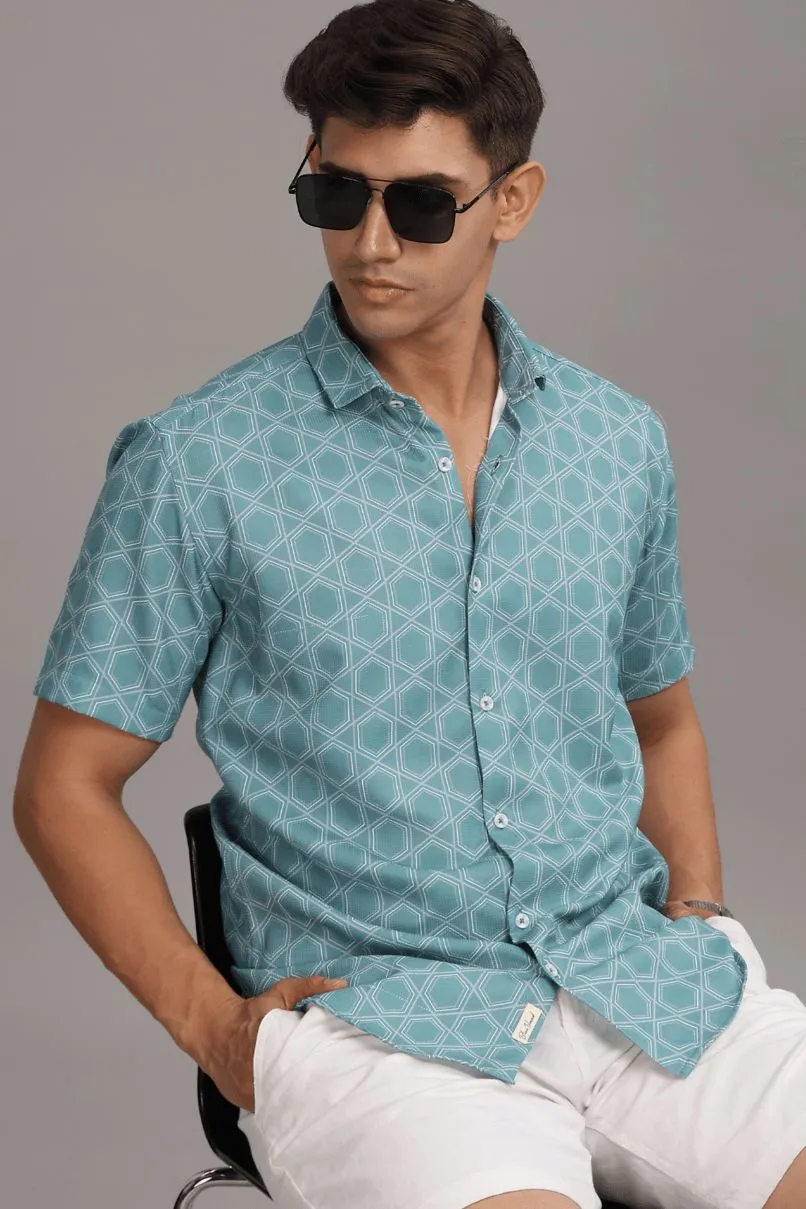 Turquoise Green Hexagonal Printed shirt - Half - Wrinkle Free