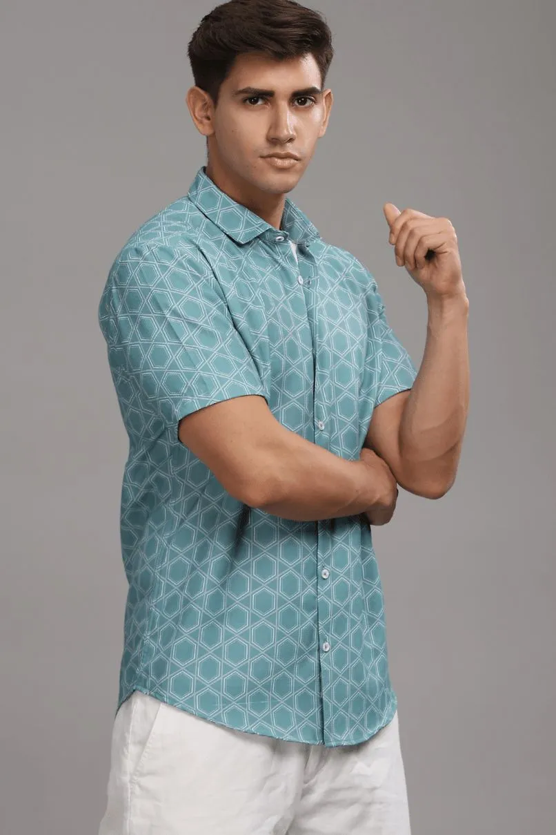 Turquoise Green Hexagonal Printed shirt - Half - Wrinkle Free