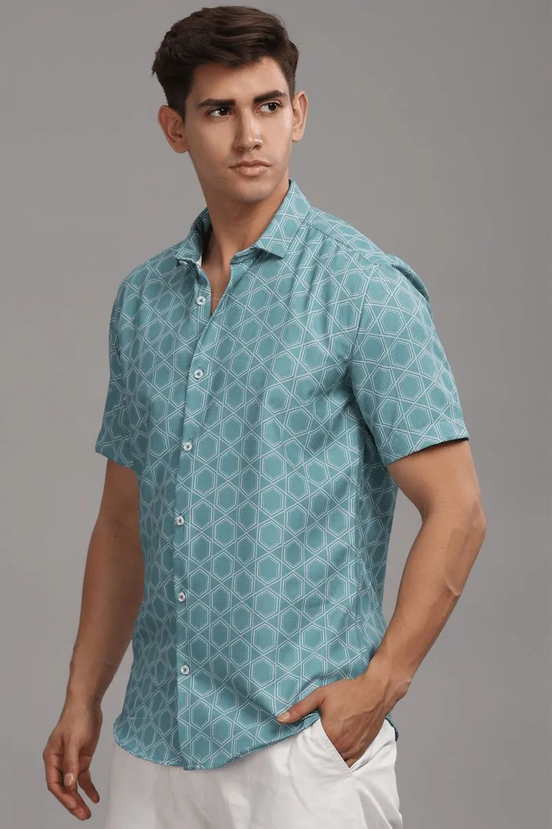 Turquoise Green Hexagonal Printed shirt - Half - Wrinkle Free