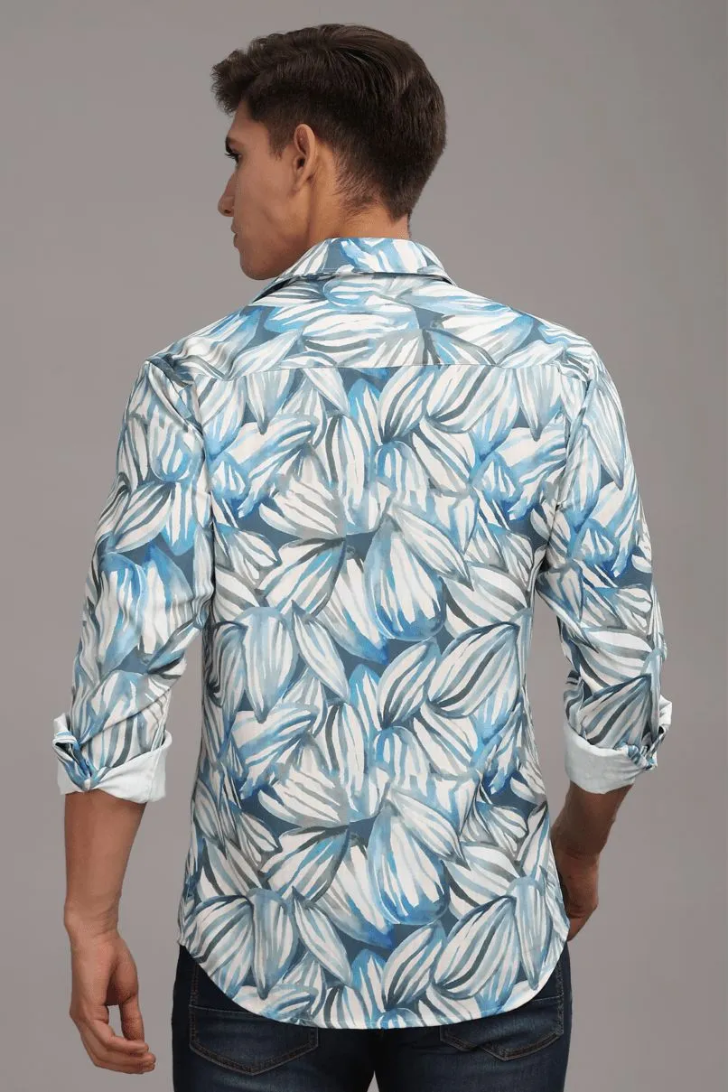 White & Blue Leaf Printed Shirt - Full - Wrinkle Free