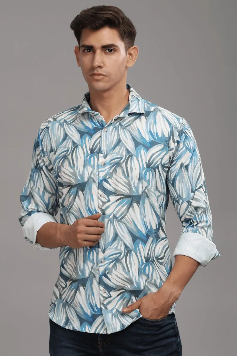 White & Blue Leaf Printed Shirt - Full - Wrinkle Free