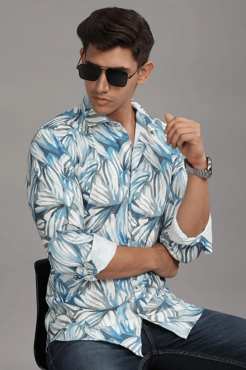 White & Blue Leaf Printed Shirt - Full - Wrinkle Free