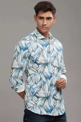 White & Blue Leaf Printed Shirt - Full - Wrinkle Free