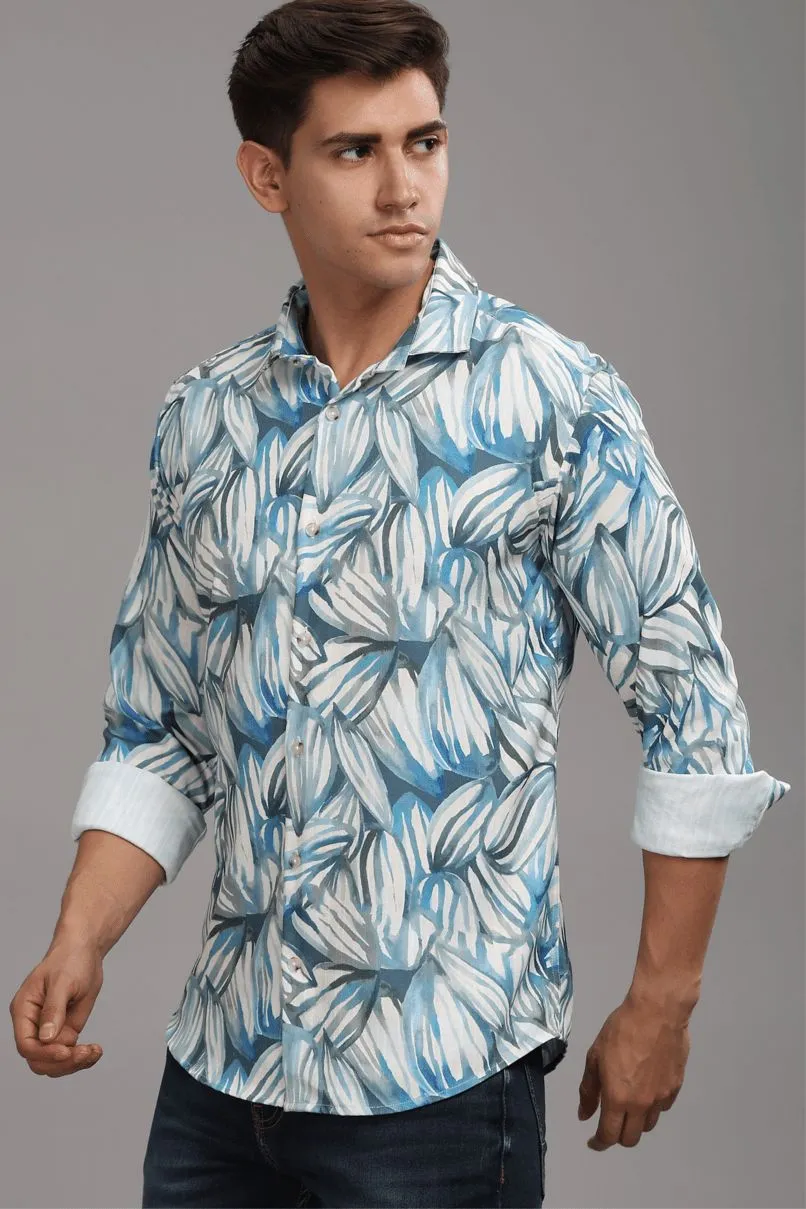 White & Blue Leaf Printed Shirt - Full - Wrinkle Free