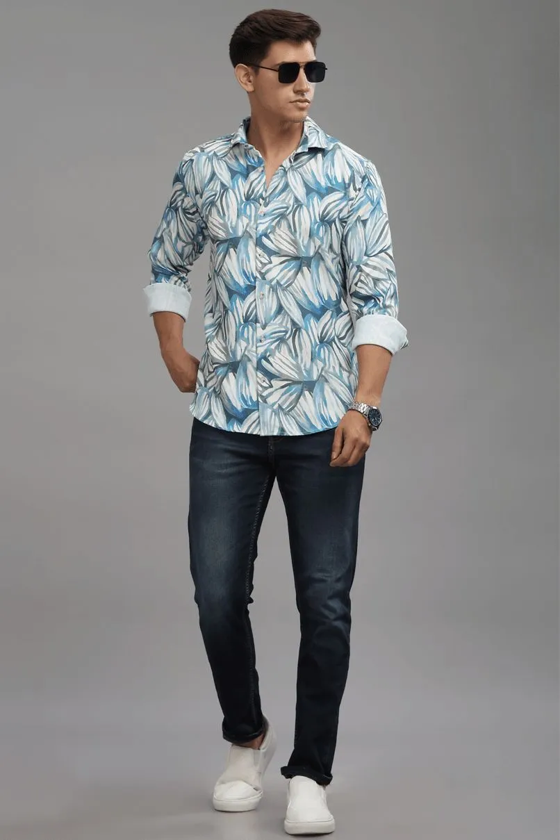 White & Blue Leaf Printed Shirt - Full - Wrinkle Free